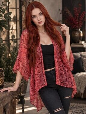 EUC One Size Champagne Collection Pink Snakeskin Sheer Kimono Layering Top!!
